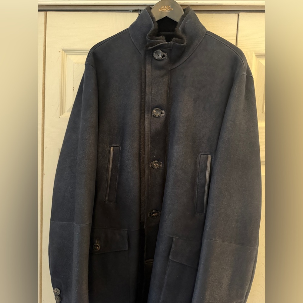 Allen Edmonds Navy Military Shearling Coat